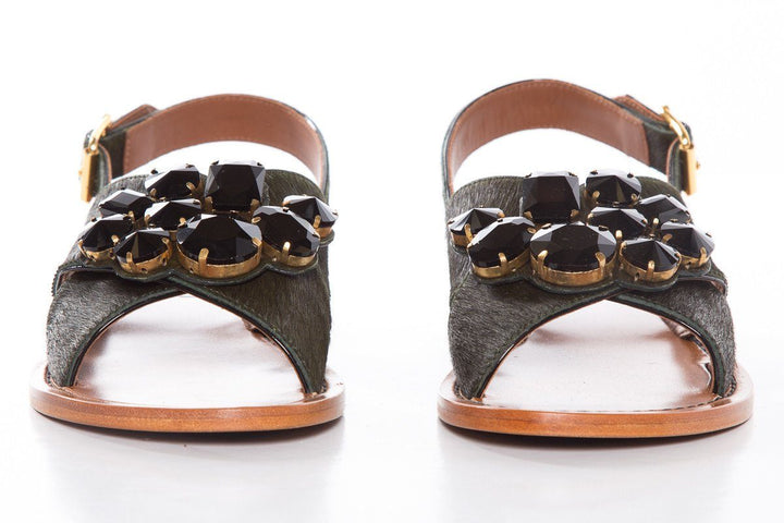 Marni Dark Green Pony Hair Cross Strap Sandals SZ 38.5