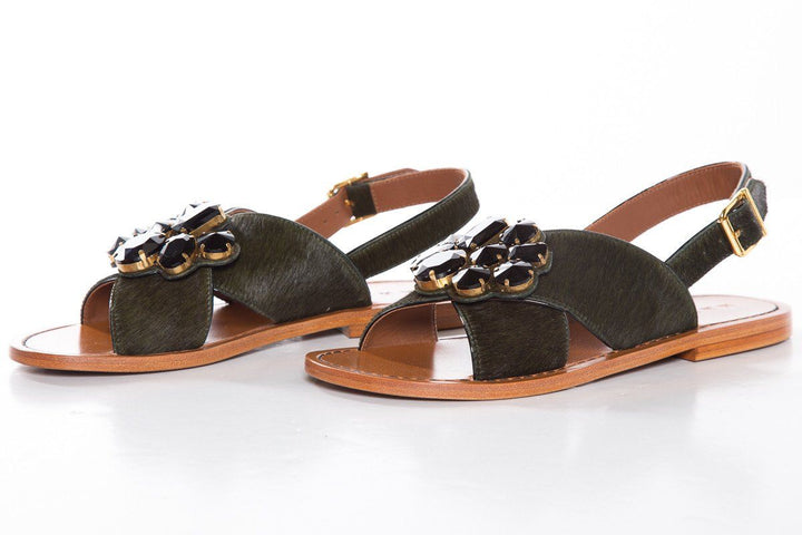 Marni Dark Green Pony Hair Cross Strap Sandals SZ 38.5