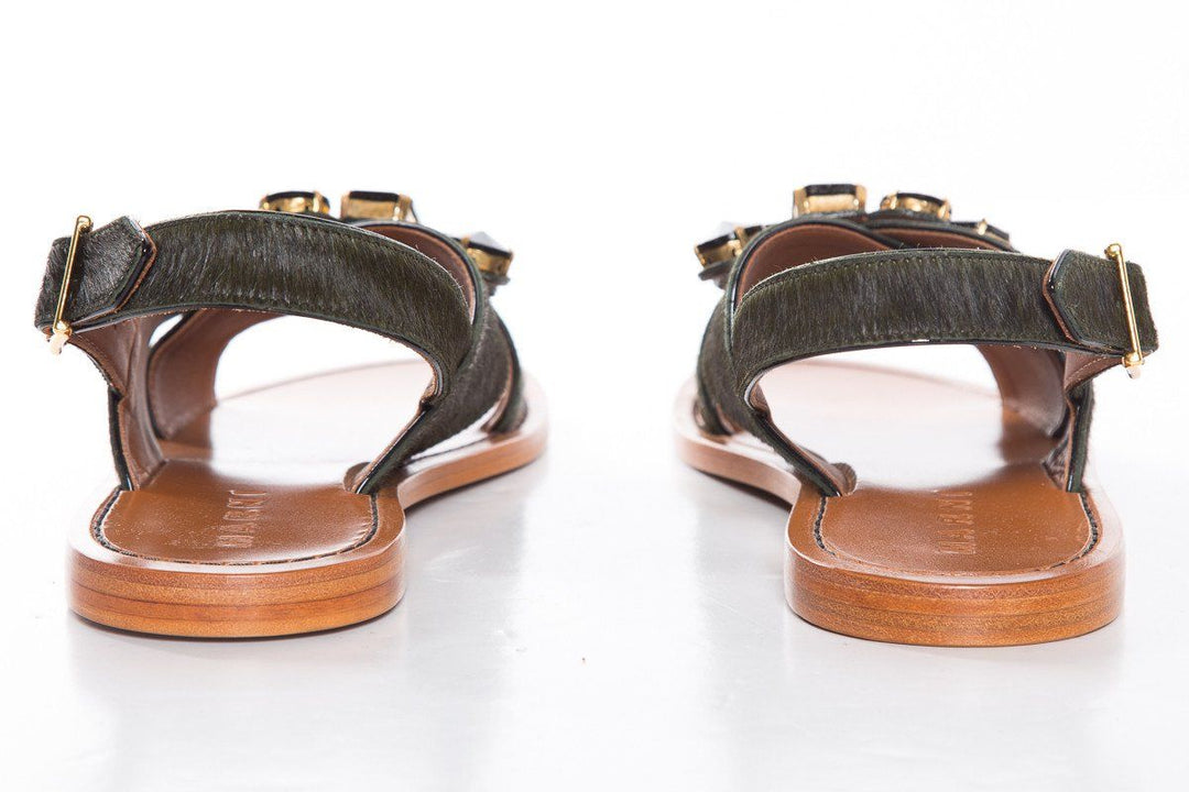 Marni Dark Green Pony Hair Cross Strap Sandals SZ 38.5