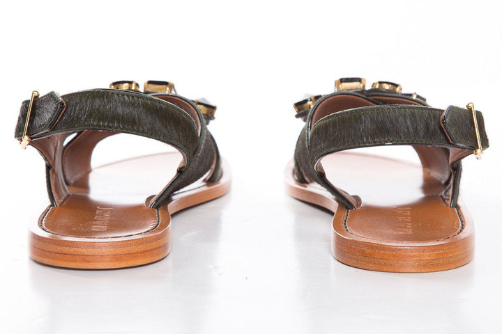 Marni Dark Green Pony Hair Cross Strap Sandals SZ 38.5
