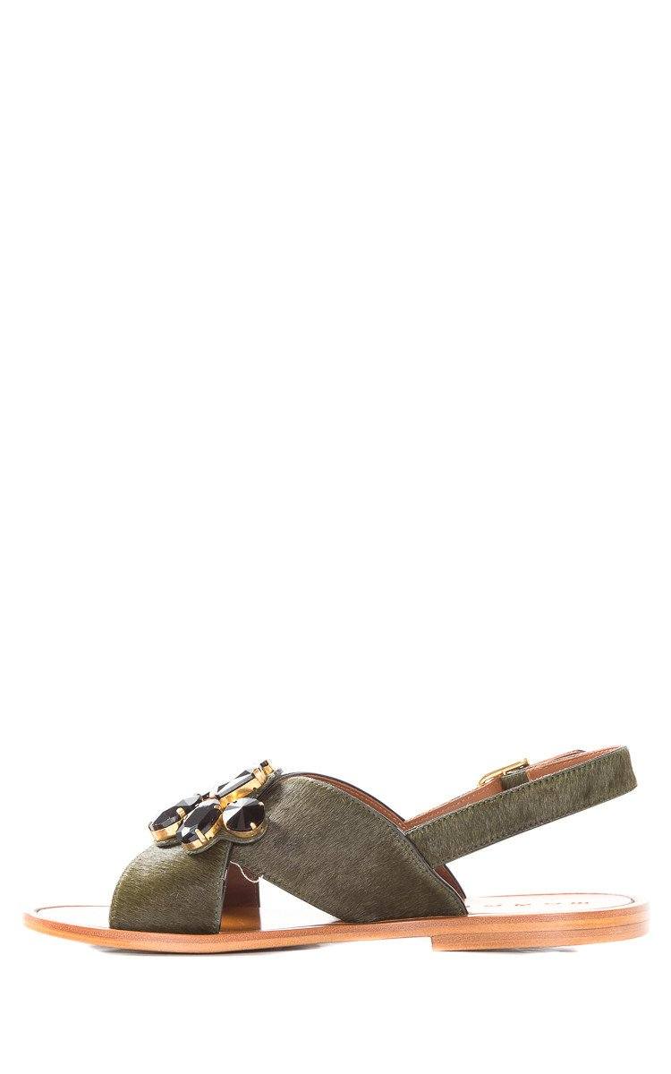 Marni Dark Green Pony Hair Cross Strap Sandals SZ 39.5
