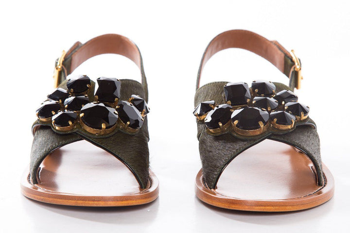 Marni Dark Green Pony Hair Cross Strap Sandals SZ 39.5