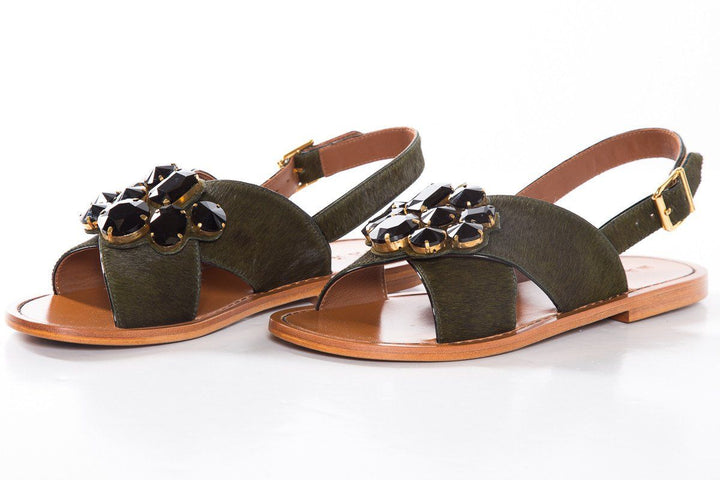 Marni Dark Green Pony Hair Cross Strap Sandals SZ 39.5