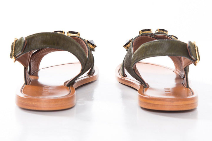 Marni Dark Green Pony Hair Cross Strap Sandals SZ 39.5