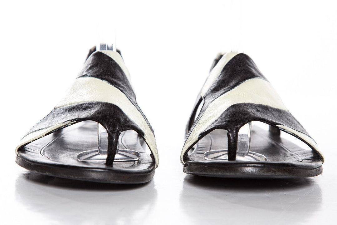 Marsell Black & Ivory Striped Leather Flat Sandals SZ 35.5