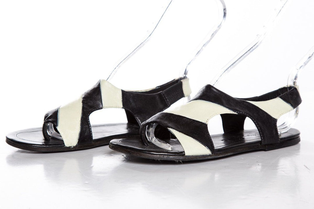 Marsell Black & Ivory Striped Leather Flat Sandals SZ 35.5