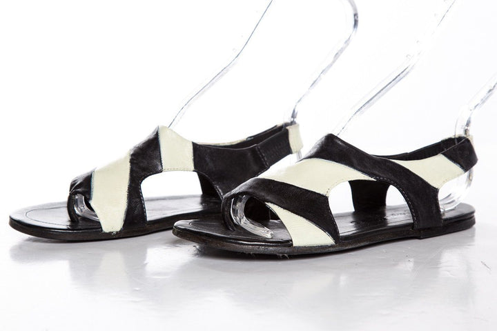 Marsell Black & Ivory Striped Leather Flat Sandals SZ 35.5