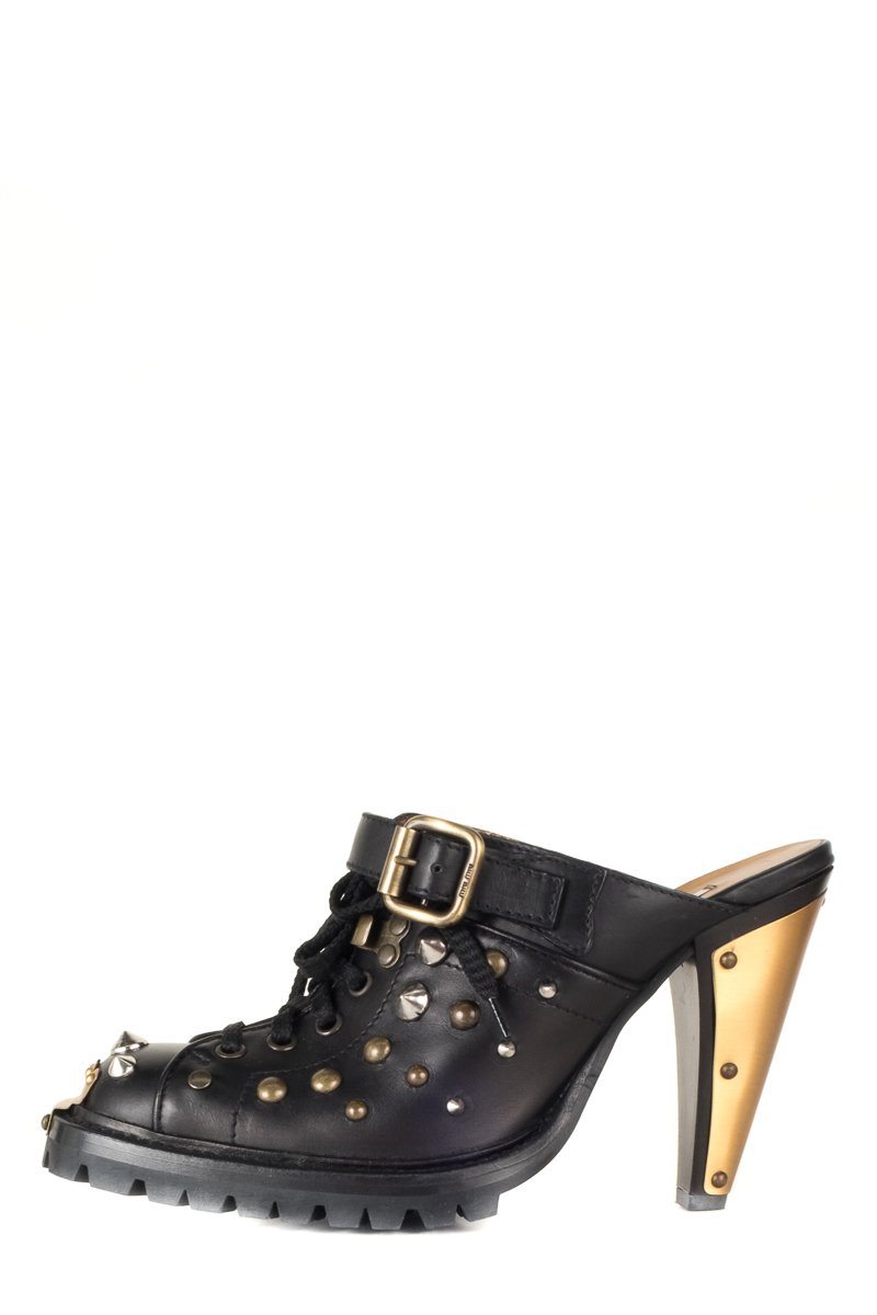 Miu Miu  Black Leather Studded Heeled Mules 37.5