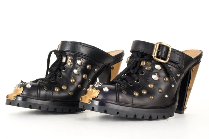 Miu Miu  Black Leather Studded Heeled Mules 37.5