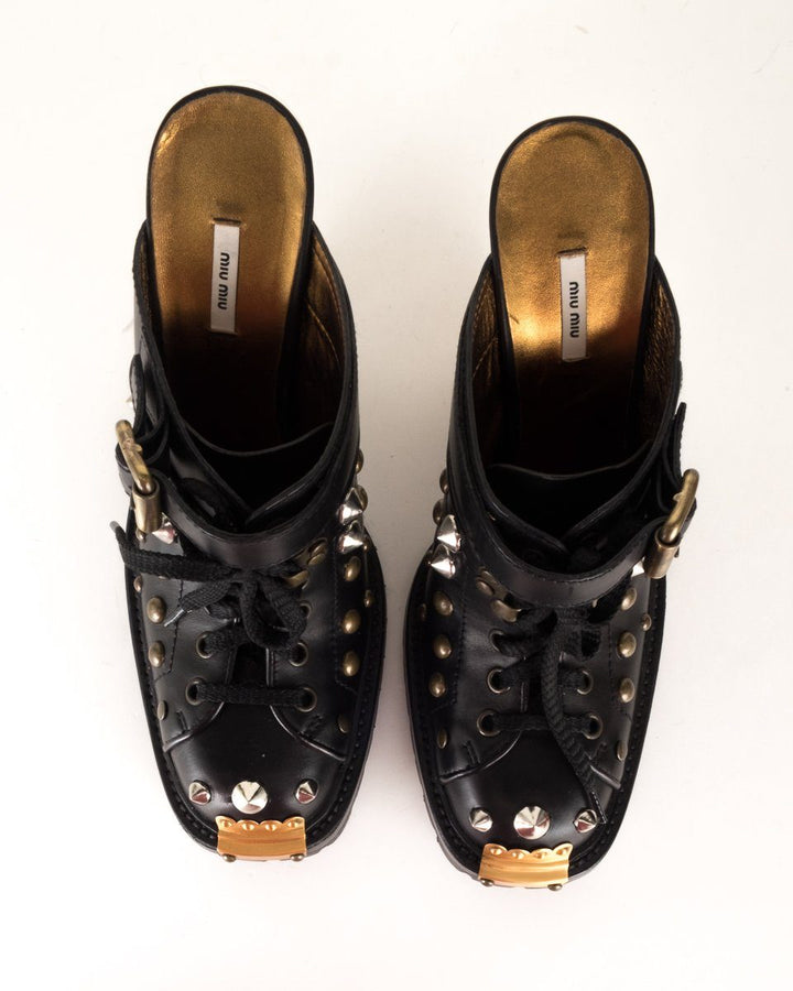 Miu Miu  Black Leather Studded Heeled Mules 37.5