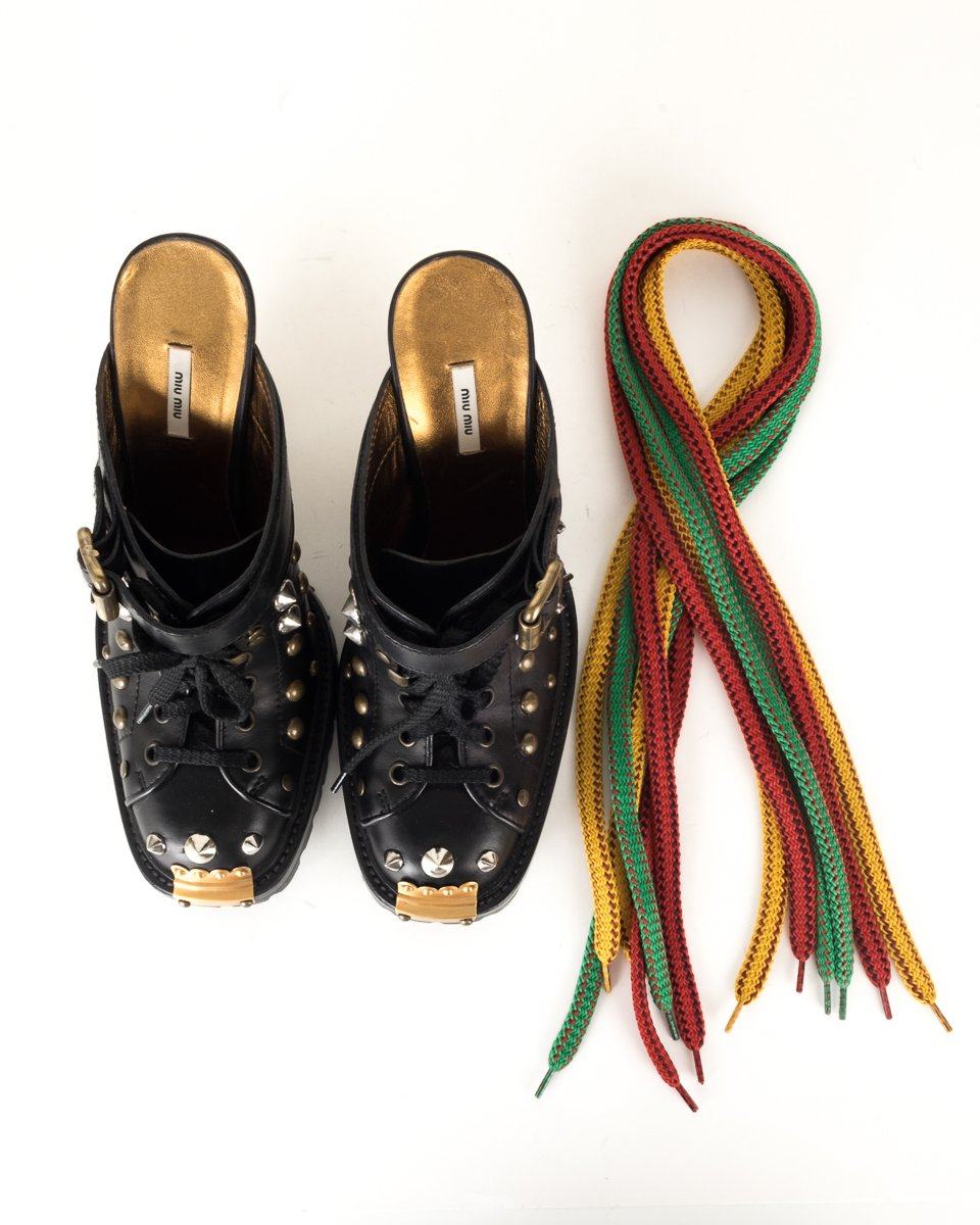 Miu Miu  Black Leather Studded Heeled Mules 37.5