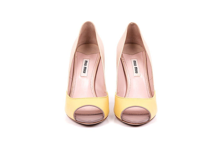 Miu Miu 36 Nude & Yellow Leather Peep Toe Ombre Heels