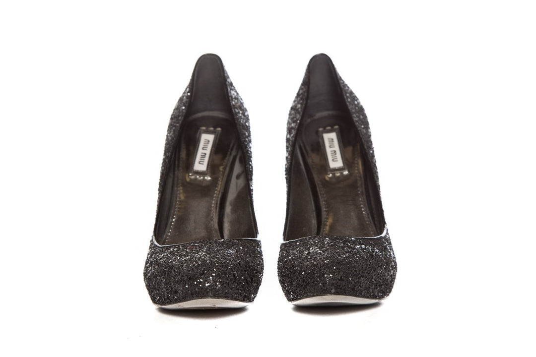 Miu Miu Black Glitter Platform Pumps SZ 38 Sale