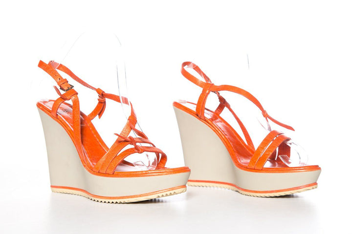 Moncler Orange Leather & Grey Wedge Sandals SZ 9 Sale