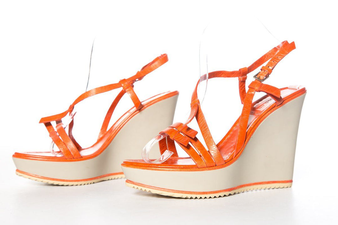 Moncler Orange Leather & Grey Wedge Sandals SZ 9 Sale