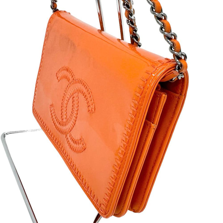 Top Quality Chanel Patent Leather Chain Wallet Orange