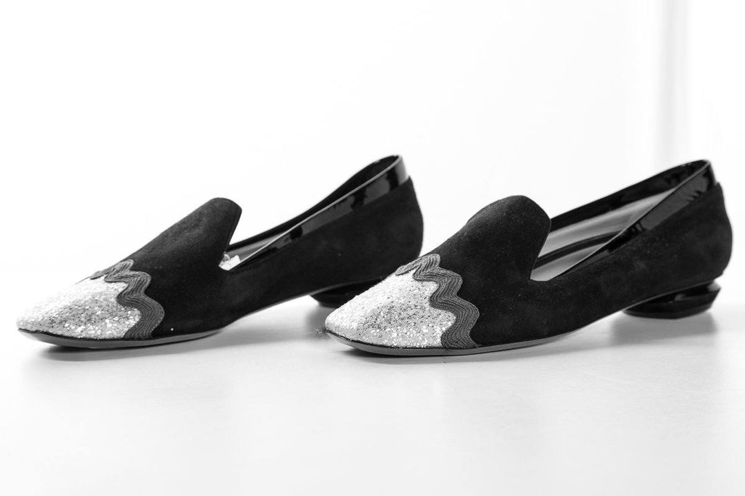 Nicholas Kirkwood Black Suede Glitter Cap Toe Loafers SZ 37 Sale