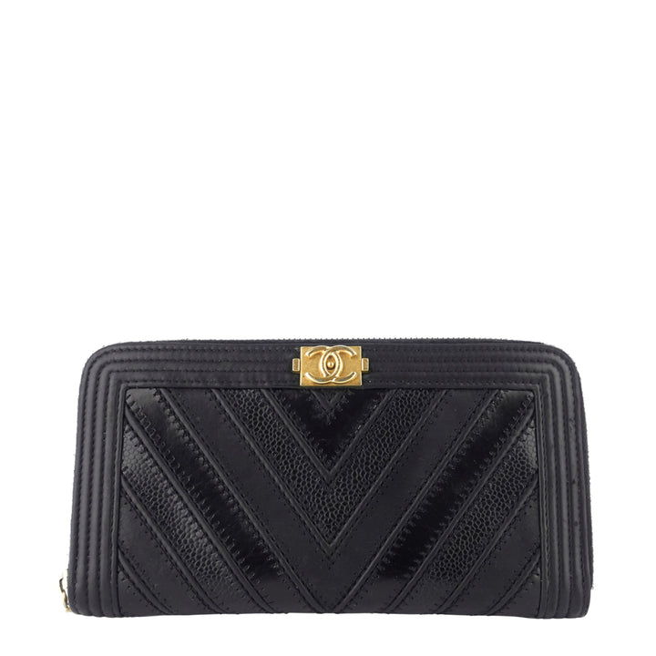 Chanel Boy Chevron Mixed Leather Zip Around Wallet