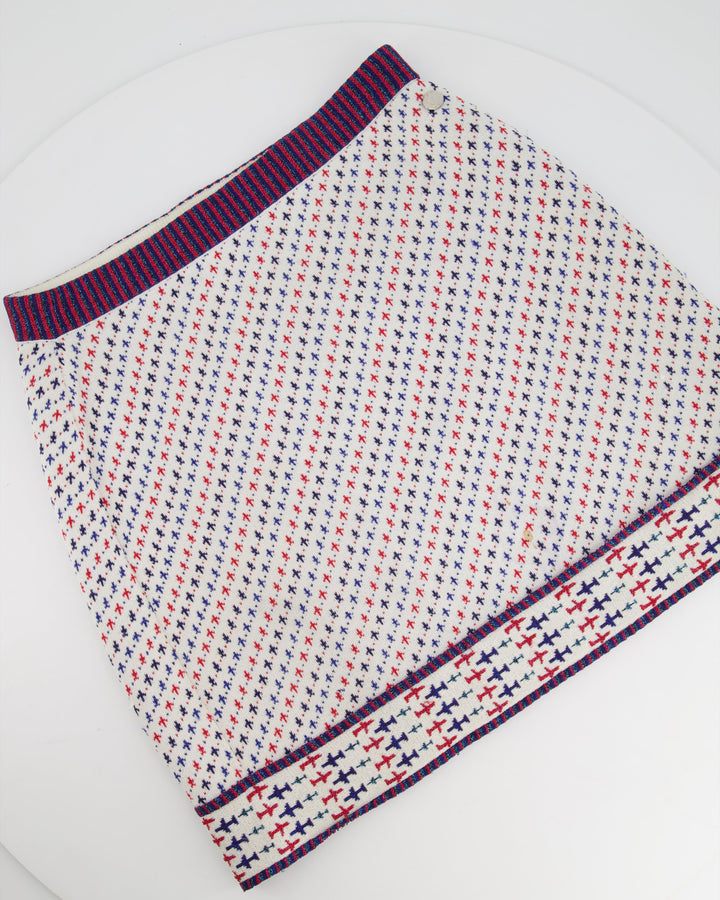 *FIRE PRICE* Top Quality Chanel Cream, Red and Blue Metallic Knit Mini Skirt and Top Set FR 36 (UK 8)