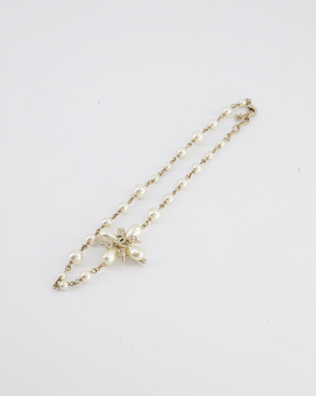 *HOT* Top Quality Chanel Gold CC Necklace with White Pearl and Crystal Detailing