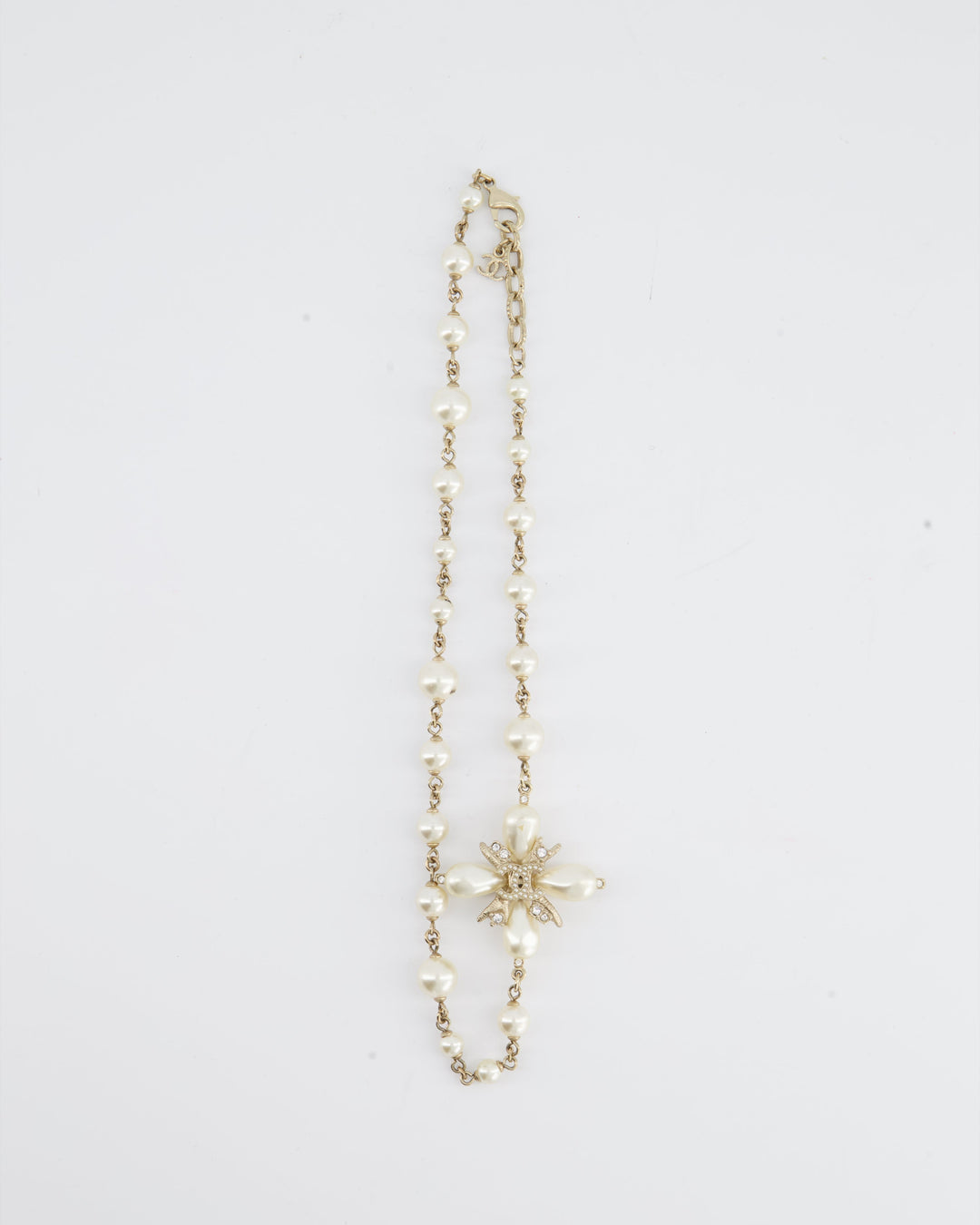 *HOT* Chanel Gold CC Necklace with White Pearl and Crystal Detailing