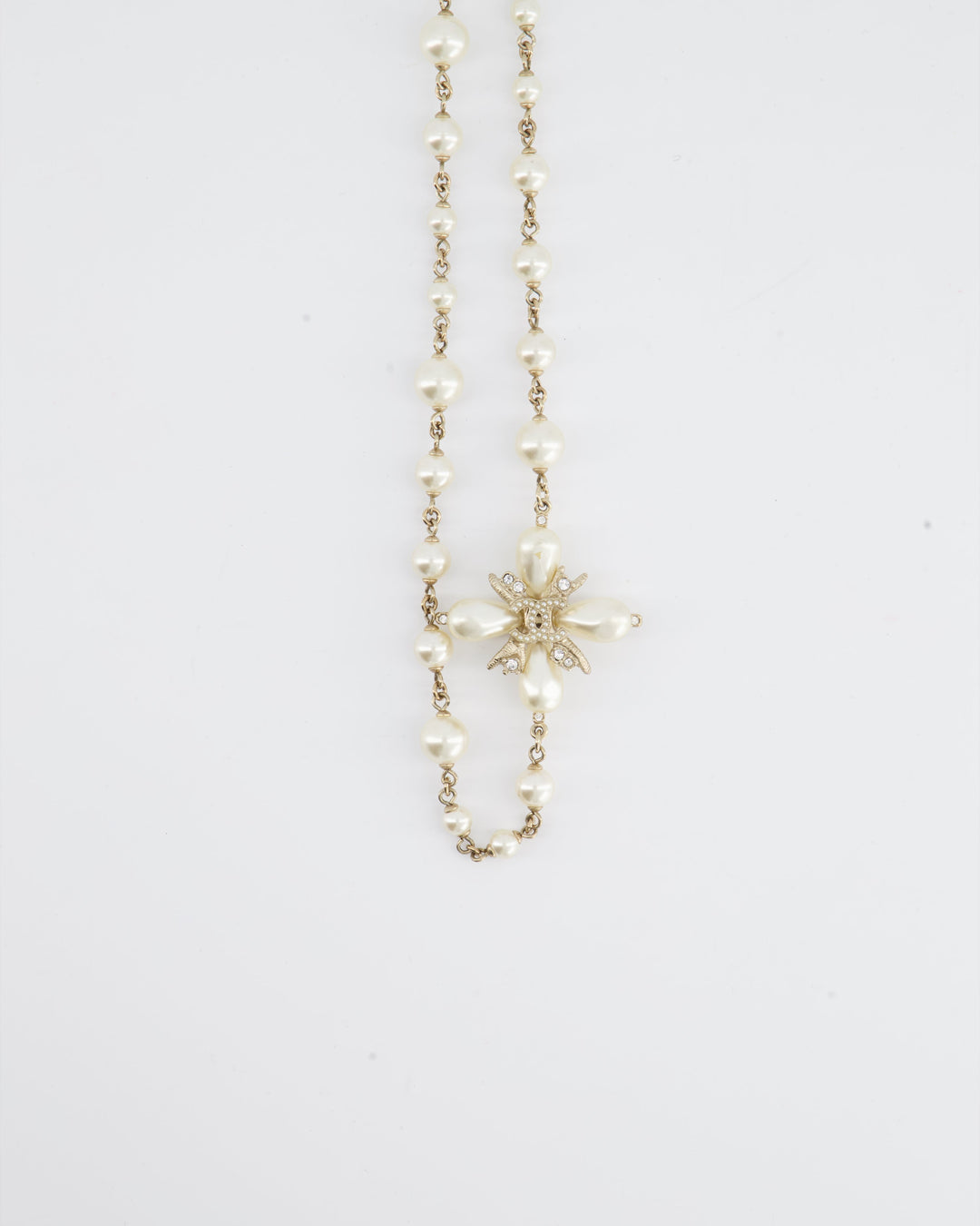 *HOT* Top Quality Chanel Gold CC Necklace with White Pearl and Crystal Detailing