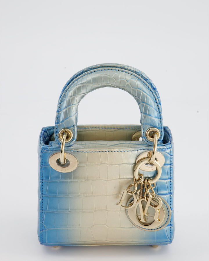 *ULTRA RARE* Christian Dior Blue Nacre Crocodile Micro Lady Dior Bag with Champagne Gold Hardware