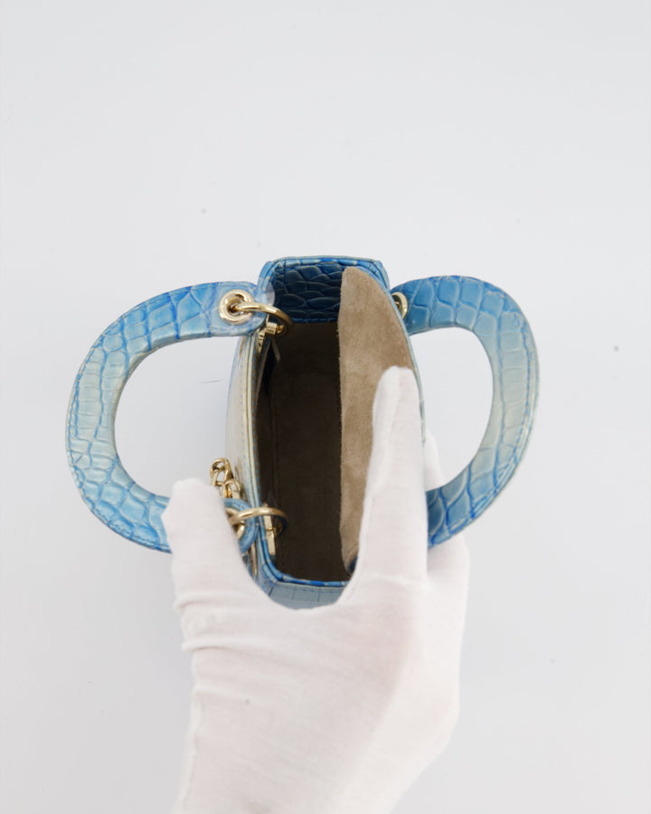 *ULTRA RARE* Christian Dior Blue Nacre Crocodile Micro Lady Dior Bag with Champagne Gold Hardware
