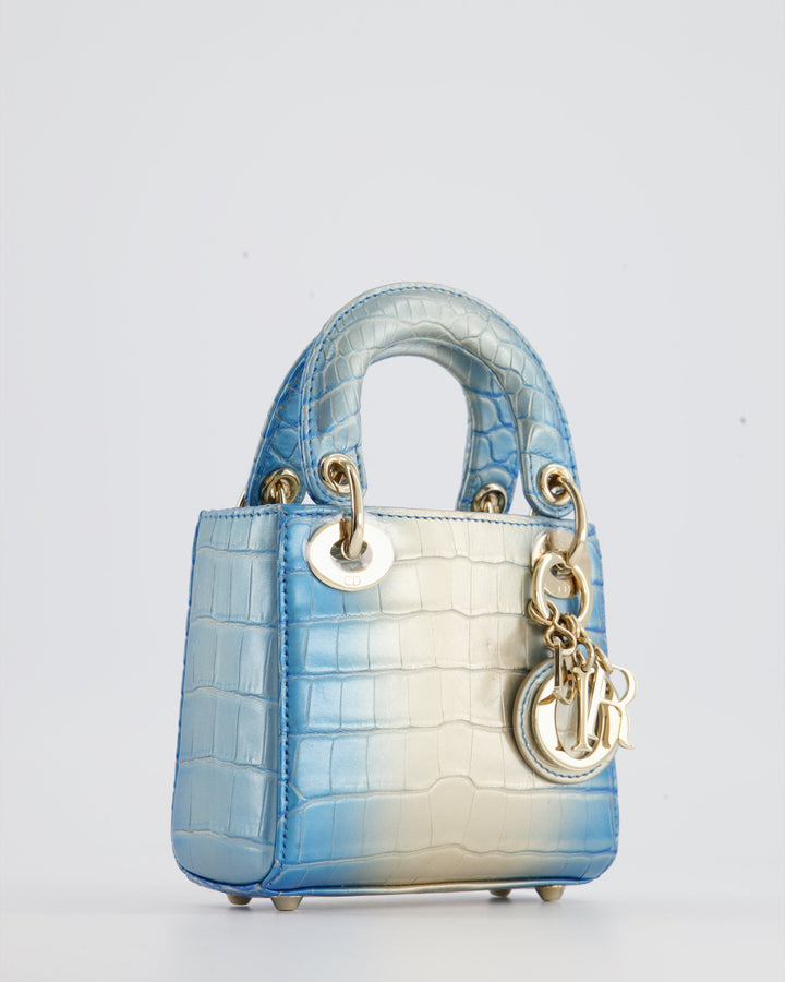 *ULTRA RARE* Christian Dior Blue Nacre Crocodile Micro Lady Dior Bag with Champagne Gold Hardware