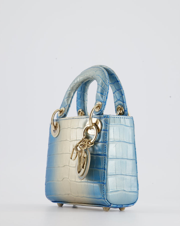 *ULTRA RARE* Christian Dior Blue Nacre Crocodile Micro Lady Dior Bag with Champagne Gold Hardware