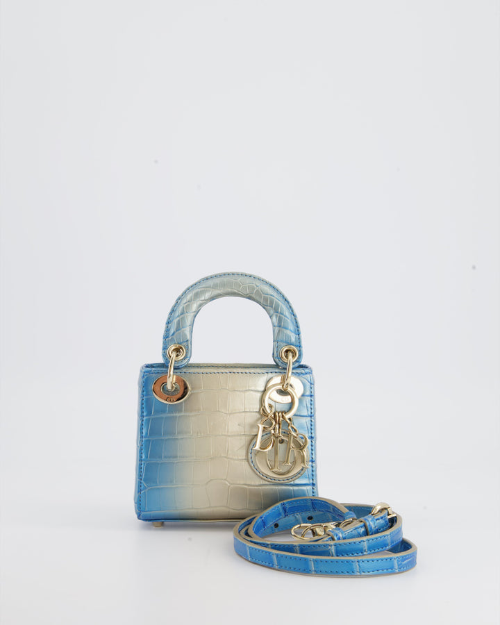 *ULTRA RARE* Christian Dior Blue Nacre Crocodile Micro Lady Dior Bag with Champagne Gold Hardware