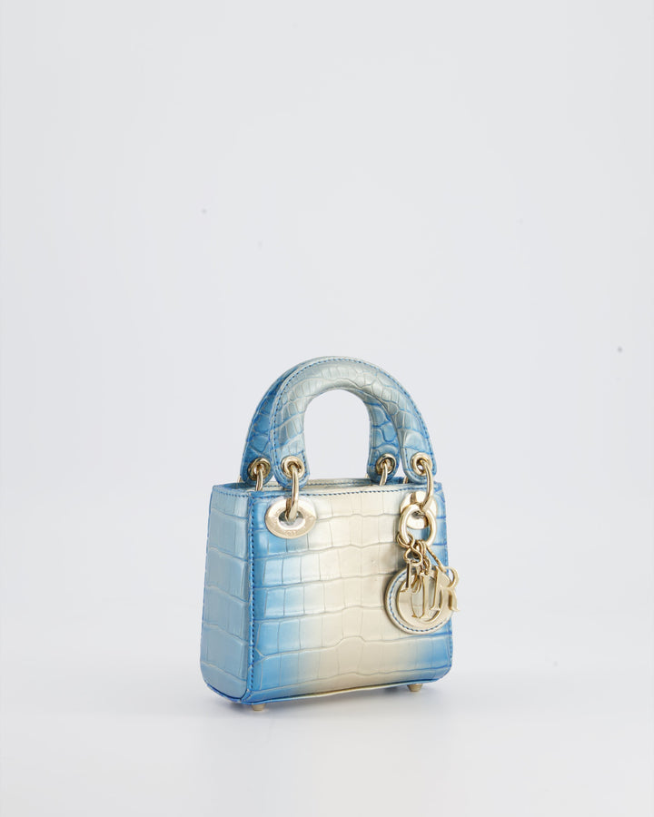 *ULTRA RARE* Christian Dior Blue Nacre Crocodile Micro Lady Dior Bag with Champagne Gold Hardware