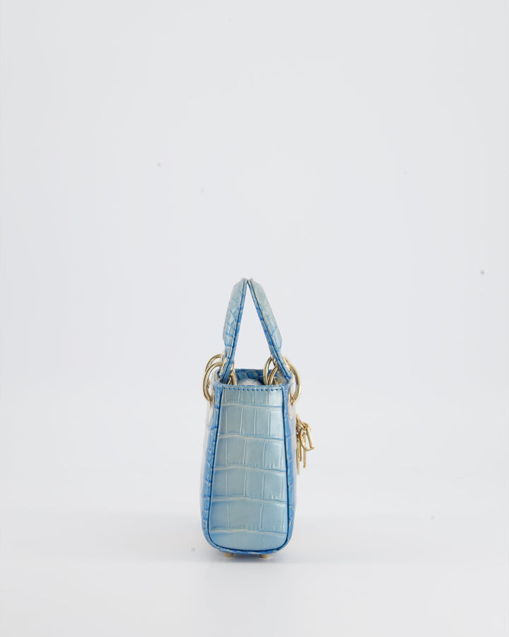 *ULTRA RARE* Christian Dior Blue Nacre Crocodile Micro Lady Dior Bag with Champagne Gold Hardware