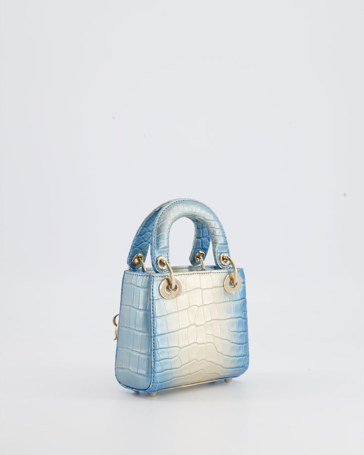 *ULTRA RARE* Christian Dior Blue Nacre Crocodile Micro Lady Dior Bag with Champagne Gold Hardware