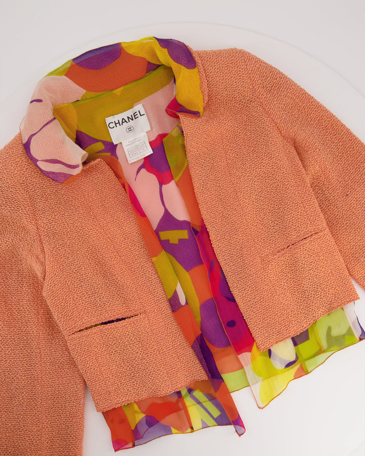 *FIRE PRICE* Top Quality Chanel Peach Three Piece Set with Multicoloured Silk Trim and Shoulder Pad Detailing FR 38 (UK 10)
