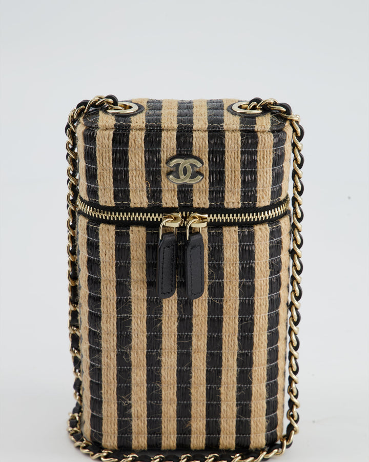 *HOT* Top Quality Chanel Raffia Vanity 21P Beige and Black Cross-Body Bag with Champagne Gold Hardware