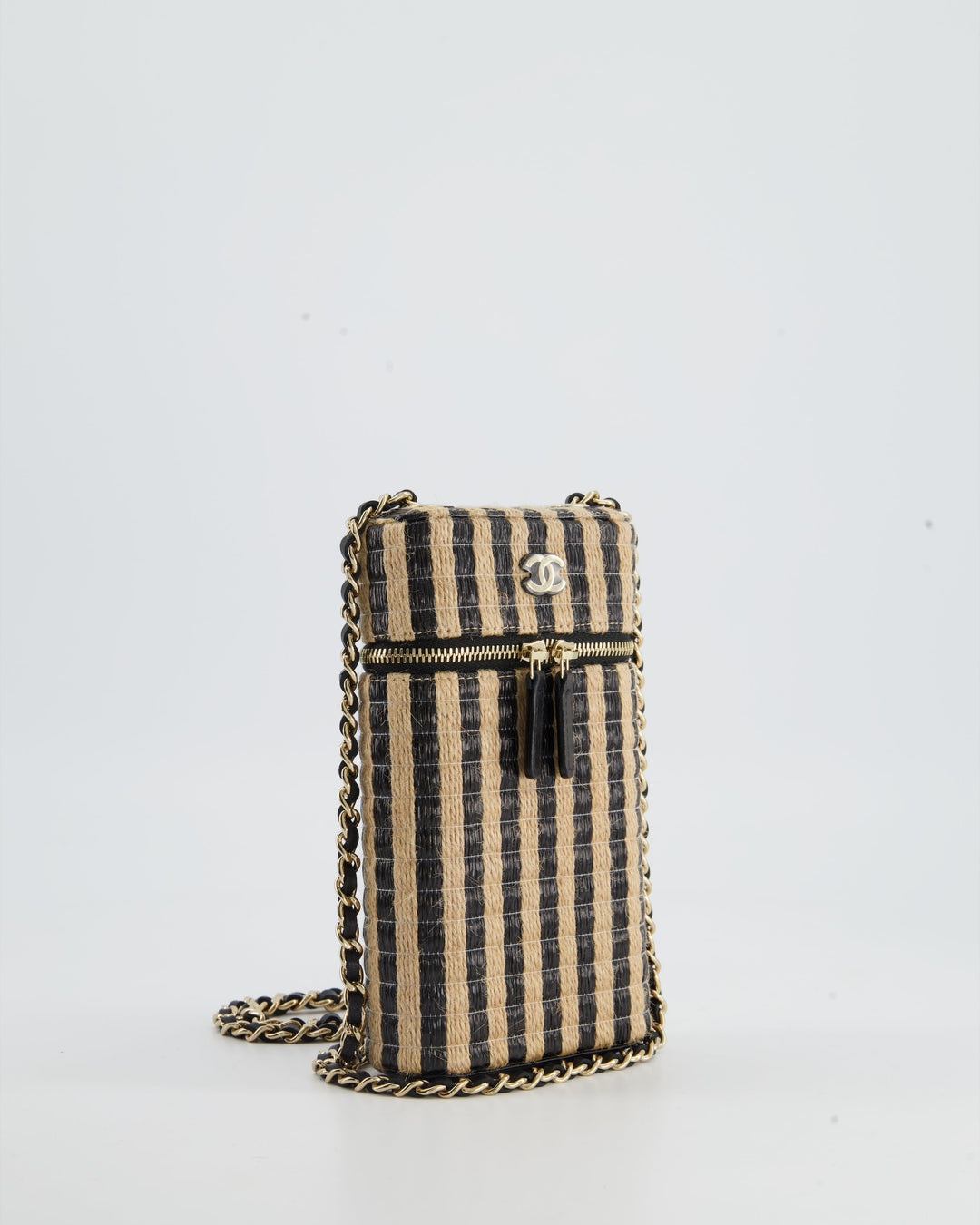 *HOT* Top Quality Chanel Raffia Vanity 21P Beige and Black Cross-Body Bag with Champagne Gold Hardware