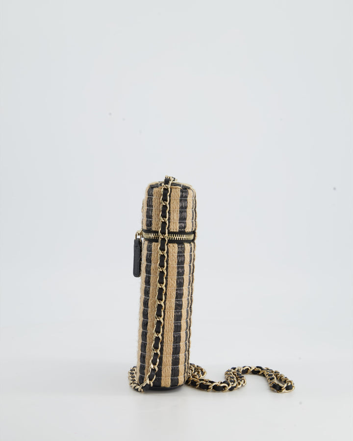 *HOT* Top Quality Chanel Raffia Vanity 21P Beige and Black Cross-Body Bag with Champagne Gold Hardware