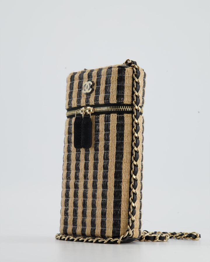 *HOT* Top Quality Chanel Raffia Vanity 21P Beige and Black Cross-Body Bag with Champagne Gold Hardware