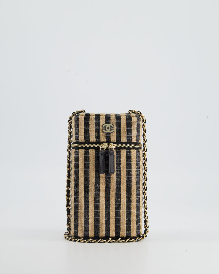 *HOT* Top Quality Chanel Raffia Vanity 21P Beige and Black Cross-Body Bag with Champagne Gold Hardware