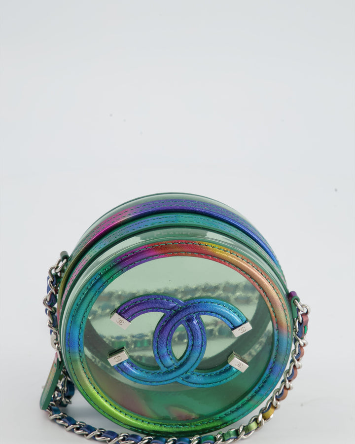 *HOT* Top Quality Chanel Rainbow Green Filigree PVC CC Mini Round Crossbody Bag with Silver Hardware