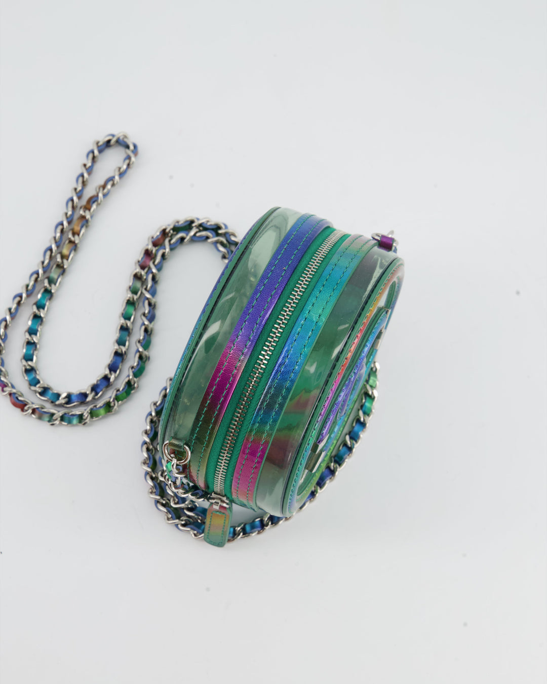 *HOT* Top Quality Chanel Rainbow Green Filigree PVC CC Mini Round Crossbody Bag with Silver Hardware