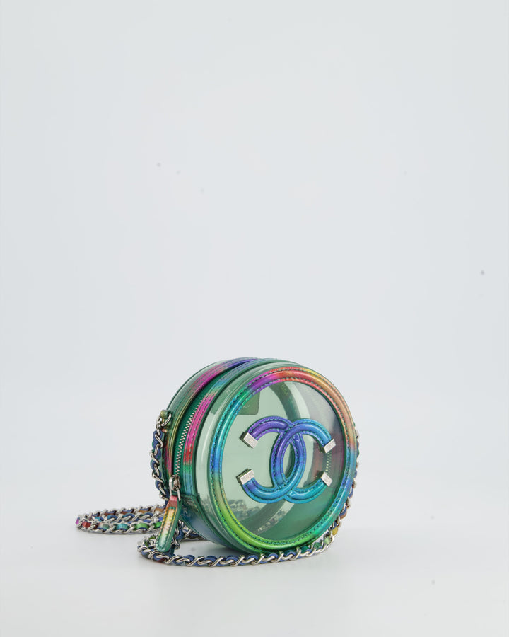 *HOT* Top Quality Chanel Rainbow Green Filigree PVC CC Mini Round Crossbody Bag with Silver Hardware