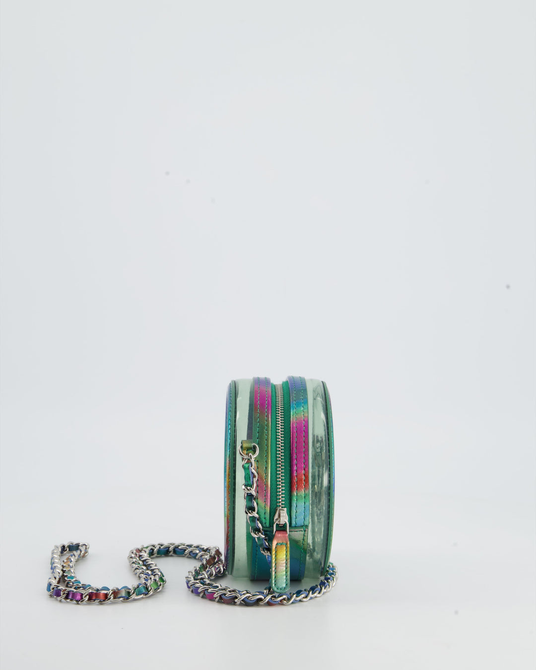 *HOT* Top Quality Chanel Rainbow Green Filigree PVC CC Mini Round Crossbody Bag with Silver Hardware