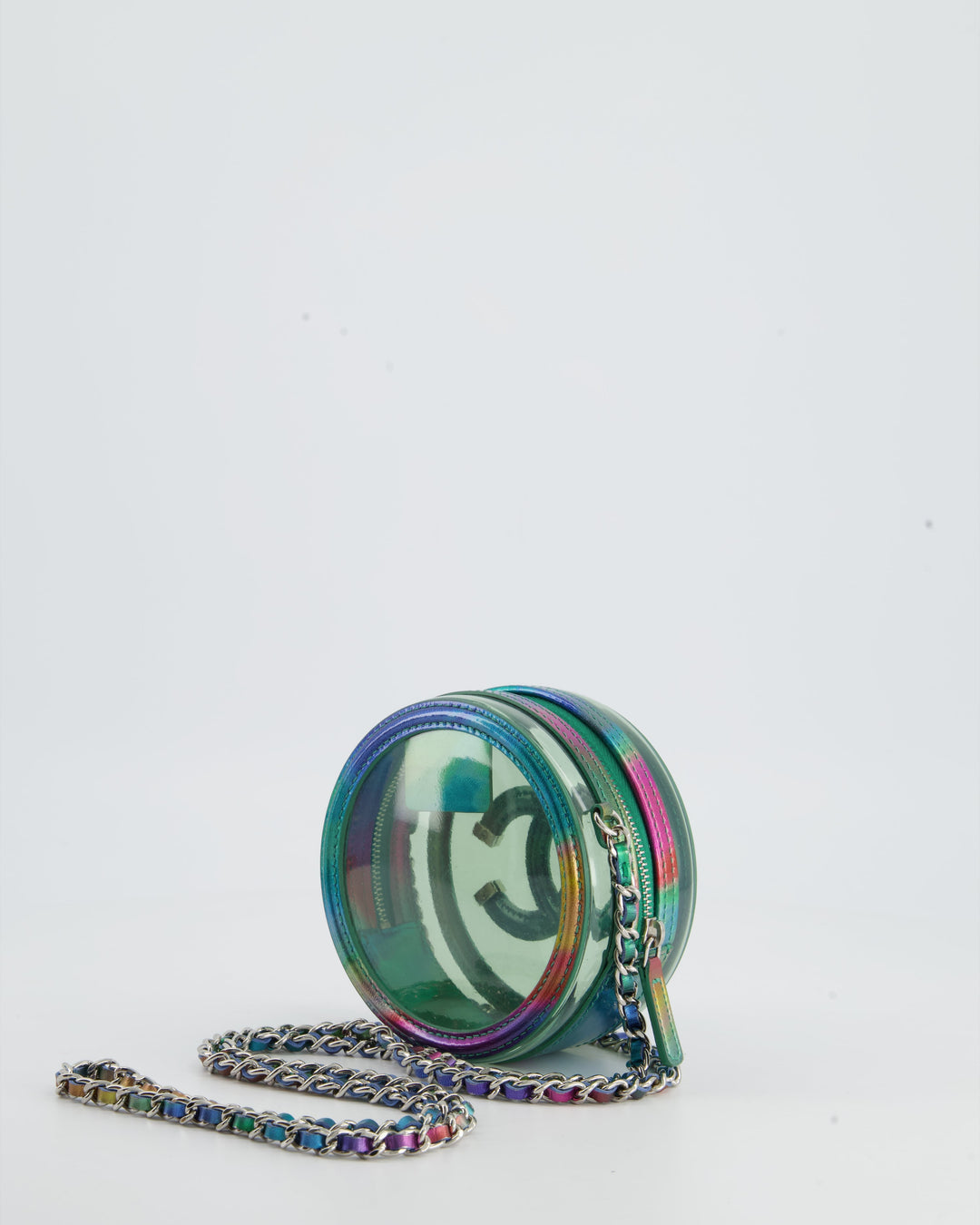 *HOT* Top Quality Chanel Rainbow Green Filigree PVC CC Mini Round Crossbody Bag with Silver Hardware