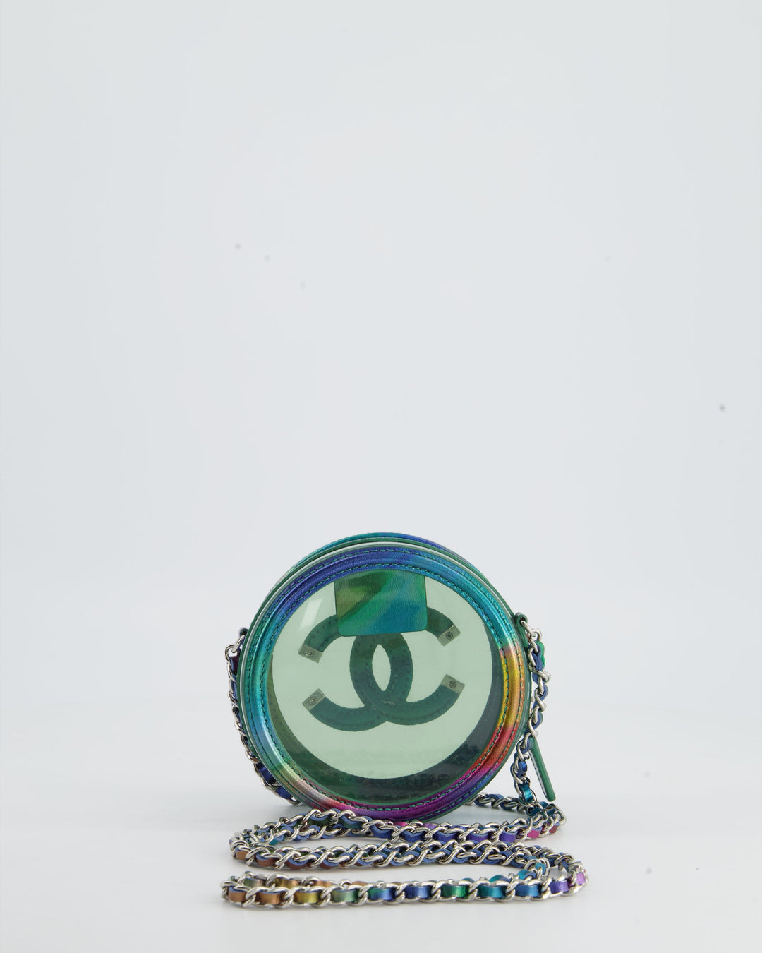 *HOT* Top Quality Chanel Rainbow Green Filigree PVC CC Mini Round Crossbody Bag with Silver Hardware
