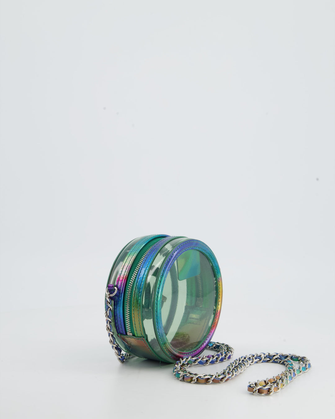 *HOT* Top Quality Chanel Rainbow Green Filigree PVC CC Mini Round Crossbody Bag with Silver Hardware