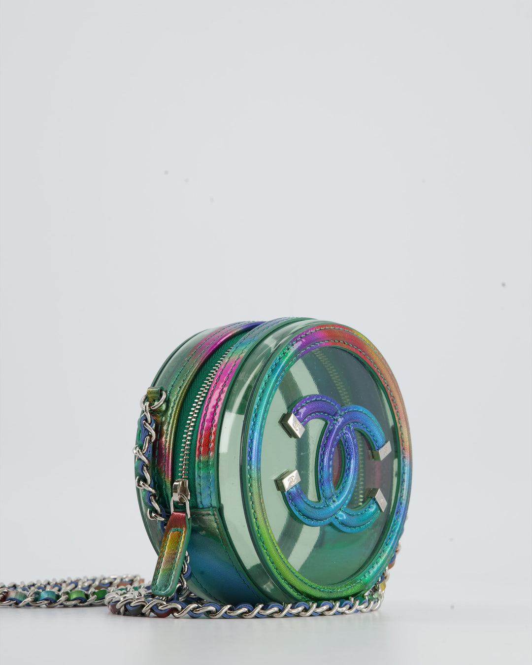 *HOT* Top Quality Chanel Rainbow Green Filigree PVC CC Mini Round Crossbody Bag with Silver Hardware
