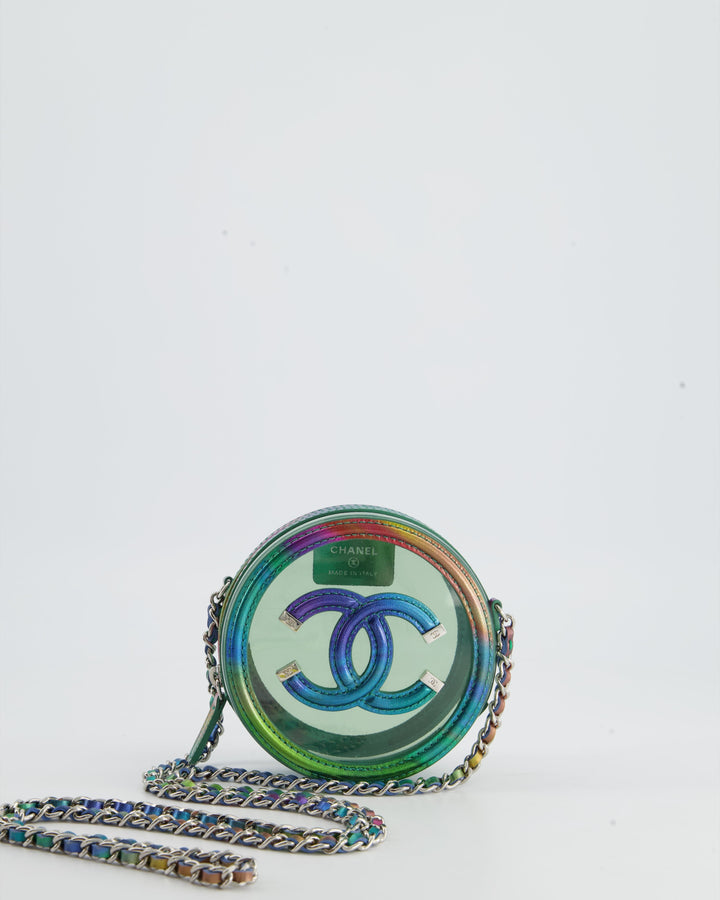 *HOT* Top Quality Chanel Rainbow Green Filigree PVC CC Mini Round Crossbody Bag with Silver Hardware