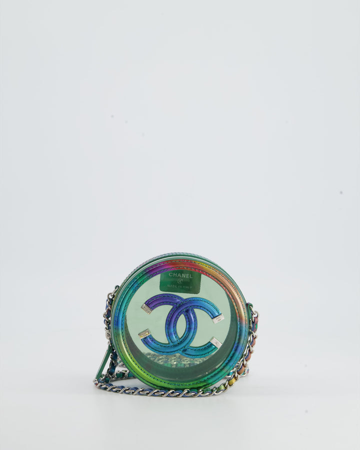*HOT* Top Quality Chanel Rainbow Green Filigree PVC CC Mini Round Crossbody Bag with Silver Hardware